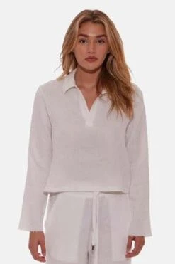 Blue&CreamCassie Gauze Polo Top - Ivory