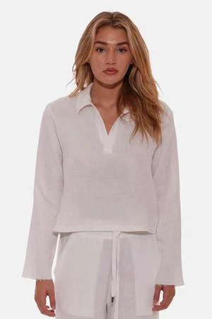 Blue&CreamCassie Gauze Polo Top - Ivory 3 Blue&CreamCassie Gauze Polo Top - Ivory