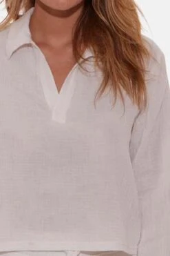 Blue&CreamCassie Gauze Polo Top - Ivory 12 Blue&CreamCassie Gauze Polo Top - Ivory -Drape Hut Sales Store Blue Cream Cassie Gauze Polo Top Ivory 20230913104504 1