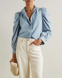 FrameGillian Gathered Denim Shirt - Light Wash -Drape Hut Sales Store FRAME GILLIAN GATHERED DENIM SHIRT 20231028180604 1