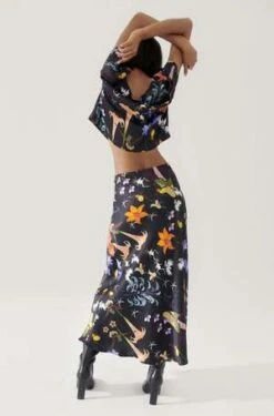 Silk LaundryLong Bias Cut Skirt - Black Lost Flowers