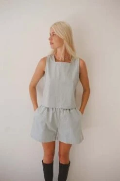 Mimi HolvastScrunchie Seersucker Shorts - Dusty Blue -Drape Hut Sales Store Scrunchie Shorts Dusty Blue Seersucker 20221211054833 1
