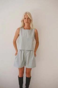 Mimi HolvastScrunchie Seersucker Shorts - Dusty Blue -Drape Hut Sales Store Scrunchie Shorts Dusty Blue Seersucker 20221211054833 2