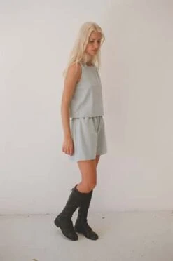 Mimi HolvastScrunchie Seersucker Shorts - Dusty Blue -Drape Hut Sales Store Scrunchie Shorts Dusty Blue Seersucker 20221211054834