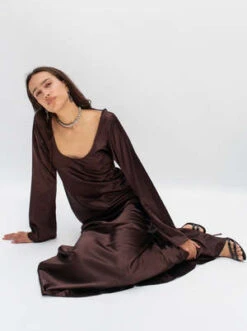 TroisChocolate Satin Long Sleeve Dress - Brown