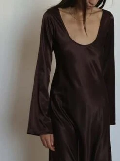 TroisChocolate Satin Long Sleeve Dress - Brown -Drape Hut Sales Store Trois Chocolate Satin Long Sleeve Dress Brown 20230825215351