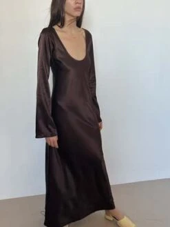 TroisChocolate Satin Long Sleeve Dress - Brown -Drape Hut Sales Store Trois Chocolate Satin Long Sleeve Dress Brown 20230825215352